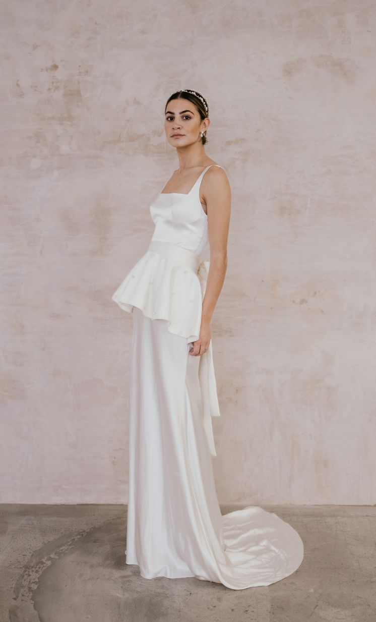 Clara Satin Gown with the Lila Pearl Peplum from Unbridled Studio