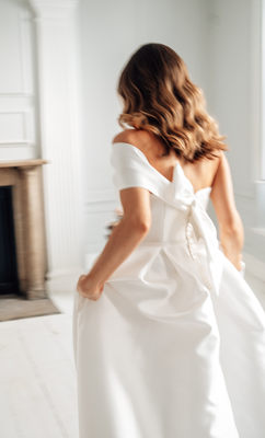 The bow is a playful element that contrasts beautifully with the gown’s elegant silhouette