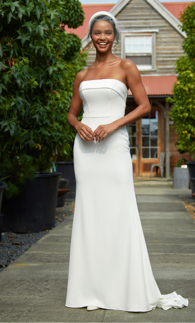 The Phillipa dress is a modern, classic gown crafted from stretch crepe