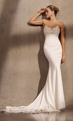 Style of the Week: Waldorf is a body-skimming crepe gown with stunning lace detailing 