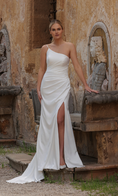 Style 5583 is a modern fit-and-flare with an asymmetric neckline 