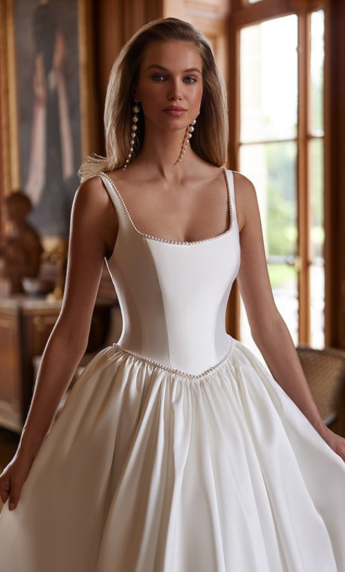 The dress is packed wtih chic details - pearl beading, a basque waist and square neckline 