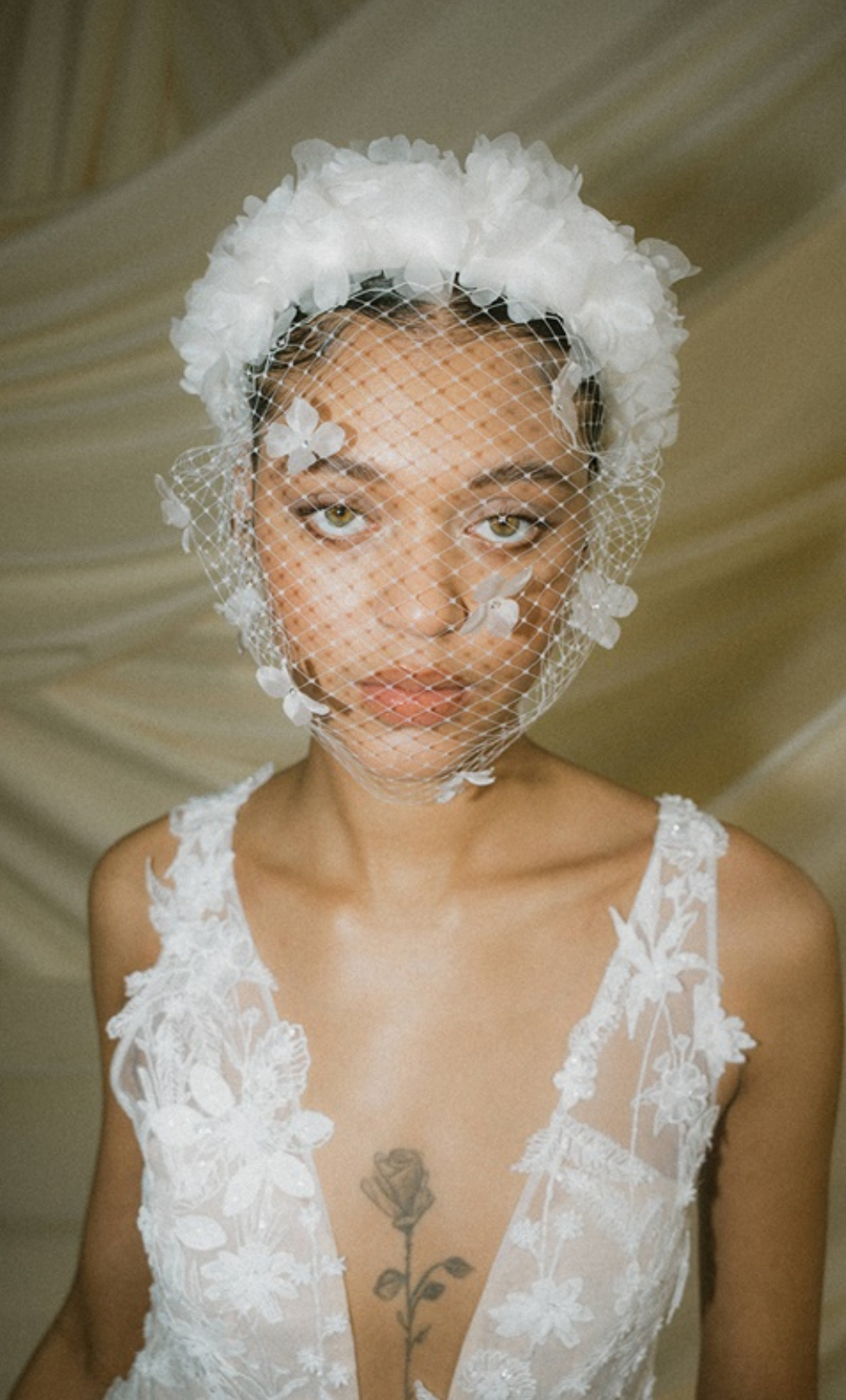 Betsy Ivory Birdcage Veil With 3D Flowers