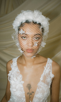 Betsy Ivory Birdcage Veil With 3D Flowers